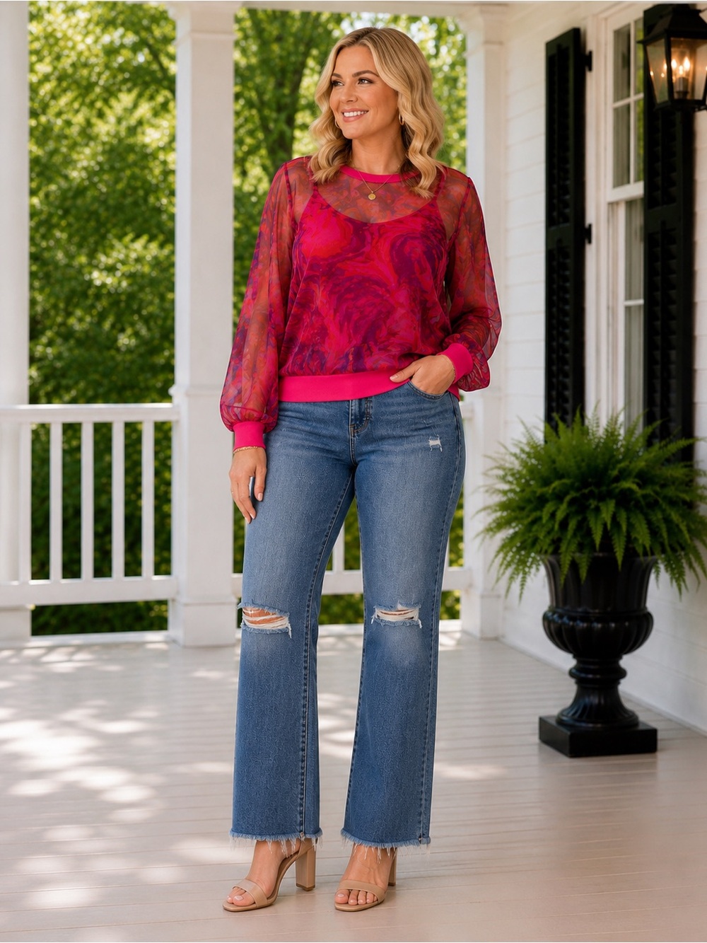 Alden Adair Luna Top Size 3 Pink Abstract Sheer Statement Blouse